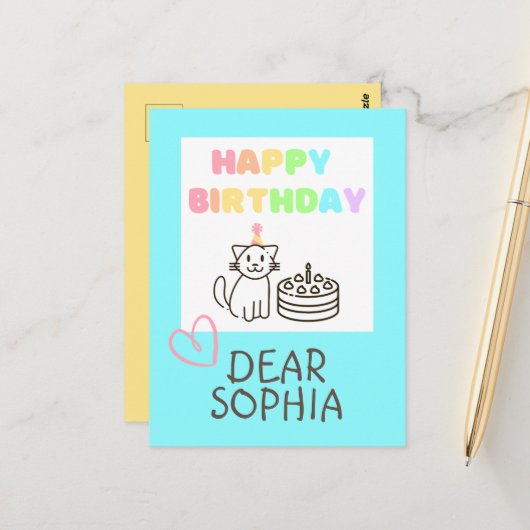Rainbow Happy Birthday Cat Briefkaart (Voorkant / Achterkant in situ)