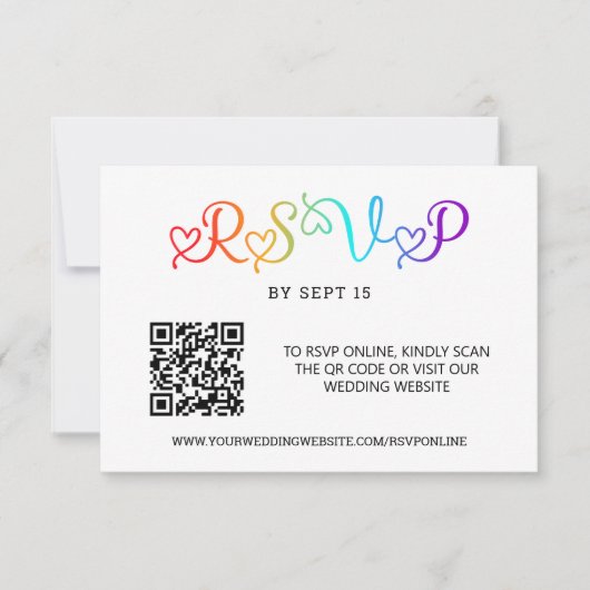 Rainbow Hart Script LGBT Huwelijk QR Code RSVP Kaartje (Voorkant)