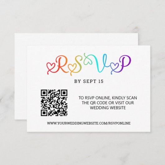 Rainbow Hart Script LGBT Huwelijk QR Code RSVP Kaartje (Voorkant / Achterkant)
