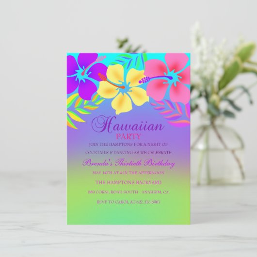 Rainbow Hawaiian Flower Verjaardag Uitnodiging (Staand voorkant)