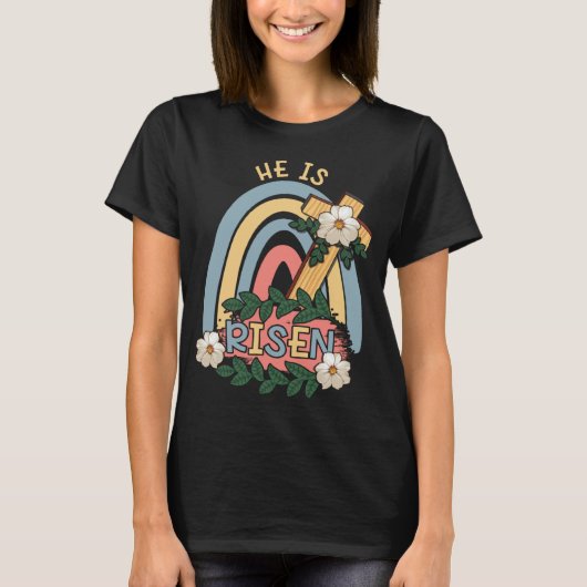 Rainbow He Risen Religous Easter Sunday Christ Cro T-shirt (Voorkant)