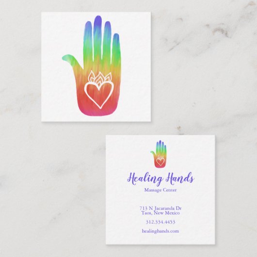 Rainbow Healing Hand  Hearts Vierkante Visitekaartje (Voorkant / Achterkant)