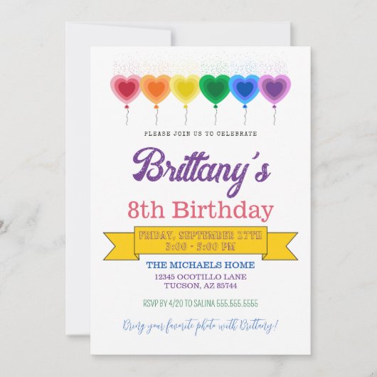 Rainbow Heart Balloons Girly verjaardagsfeestje Kaart (Voorkant)