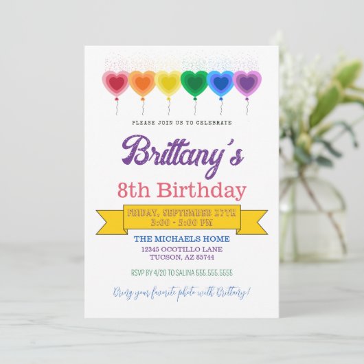 Rainbow Heart Balloons Girly verjaardagsfeestje Kaart (Staand voorkant)