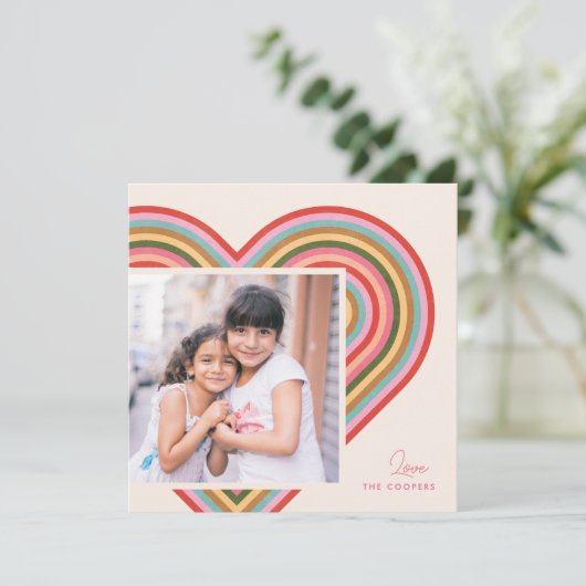 Rainbow Heart Flat Valentijnsdag Kaart - Roze (Staand voorkant)