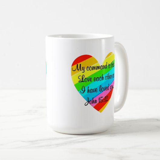 RAINBOW HEART JOHN 15:12 ONTWERP KOFFIEMOK (Voorkant rechts)