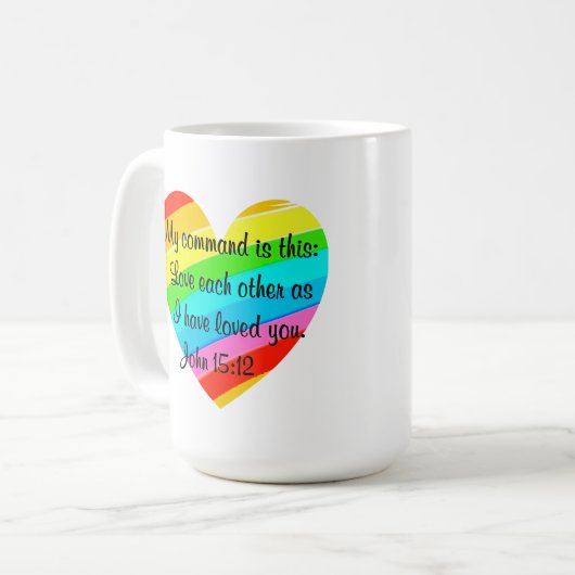 RAINBOW HEART JOHN 15:12 ONTWERP KOFFIEMOK (Voorkant links)