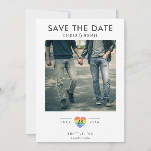 Rainbow Heart LGBTQ Save the Date with Photo (Voorkant)