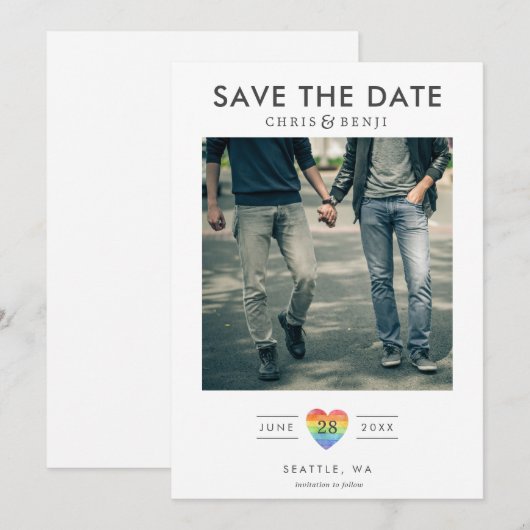Rainbow Heart LGBTQ Save the Date with Photo (Voorkant / Achterkant)