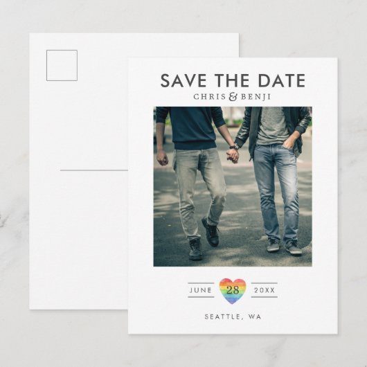 Rainbow Heart LGBTQ Save the Date with Photo Briefkaart (Voorkant / Achterkant)