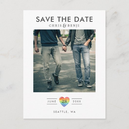 Rainbow Heart LGBTQ Save the Date with Photo Briefkaart (Voorkant)