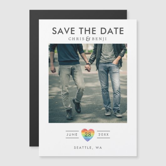 Rainbow Heart LGBTQ Save the Date with Photo Magnetische Uitnodiging (Voorkant / Achterkant)