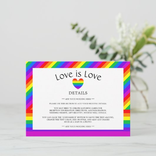 Rainbow Heart Love is liefde bruiloft detail Informatiekaartje (Staand voorkant)