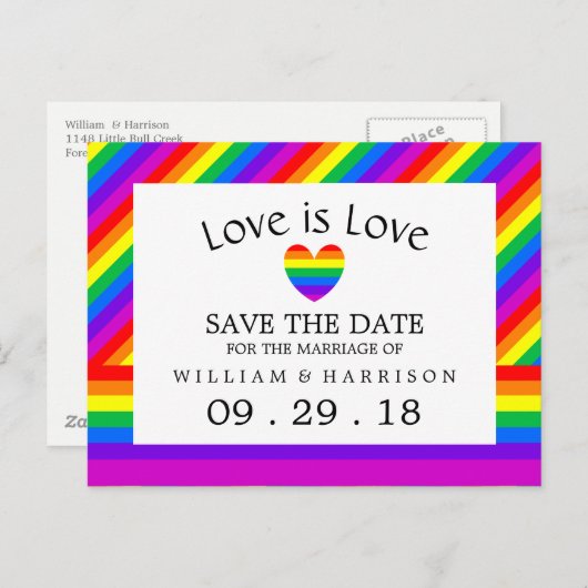 Rainbow Heart Love is Liefde Bruiloft Save The Dat Aankondigingskaart (Voorkant / Achterkant)