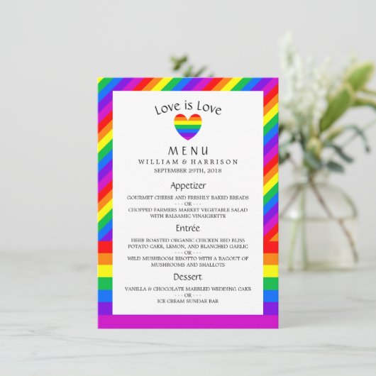 Rainbow Heart Love is Love Love Wedding Menu (Staand voorkant)