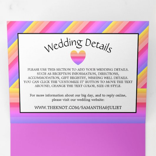 Rainbow Heart, Love is Love Wedding Suite Drieluik Uitnodiging (Binnenzijde eerst)