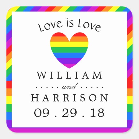 Rainbow Heart Love is Love Wedding Vierkante Sticker (Voorkant)