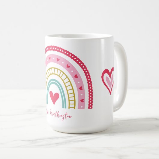 Rainbow Heart Monogram Naam Leraar Koffiemok (Voorkant rechts)