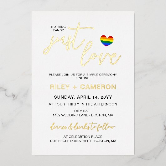 Rainbow Heart Niets Fancy, hou gewoon van LGBTQ Folie Uitnodiging (Voorkant)