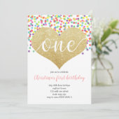 Rainbow Heart ONE Confetti Girl First Birthday Kaart (Staand voorkant)