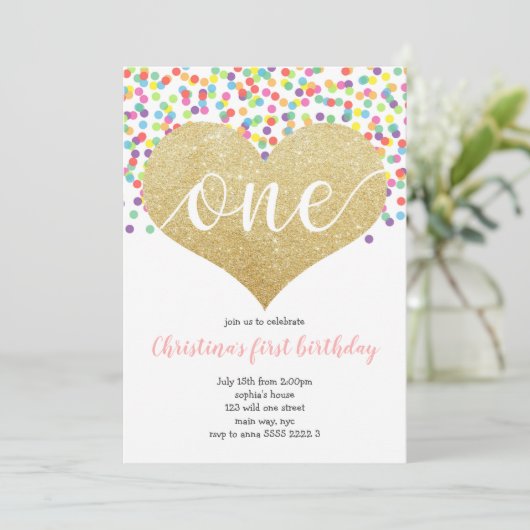 Rainbow Heart ONE Confetti Girl First Birthday Kaart (Staand voorkant)