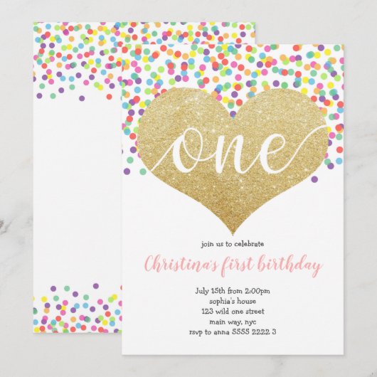 Rainbow Heart ONE Confetti Girl First Birthday Kaart (Voorkant / Achterkant)