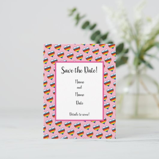 Rainbow Heart Pattern Save the Date Briefkaart (Staand voorkant)