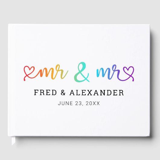 Rainbow Heart Script Mr. & Mr. Gay Wedding Gastenboek (Voorkant)