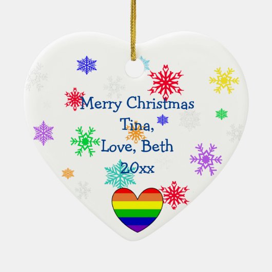 Rainbow Heart Snowflakes Kerstmis LGBTQ Keramisch Ornament (Achterkant)