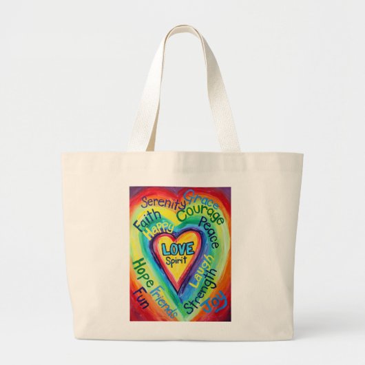 Rainbow Heart Spirit Words Bag Grote Tote Bag (Voorkant)