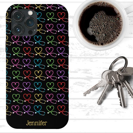 Rainbow Heart Stethoscoop Monogram Case-Mate iPhone Case