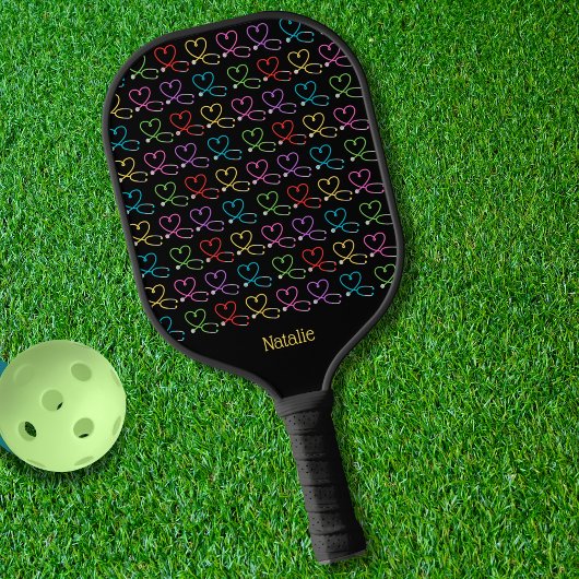 Rainbow Heart Stethoscoop Monogram Pickleball Paddle