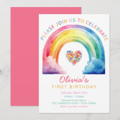 Rainbow Heart Waterverf 1e Verjaardag Uitnodigen Kaart (Voorkant / Achterkant)