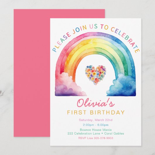 Rainbow Heart Waterverf 1e Verjaardag Uitnodigen Kaart (Voorkant / Achterkant)
