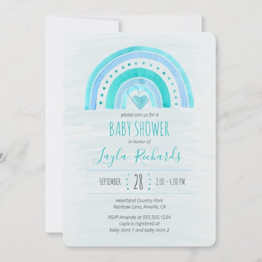 Rainbow Heart Waterverf Wash Blue Baby shower Kaart (Voorkant)