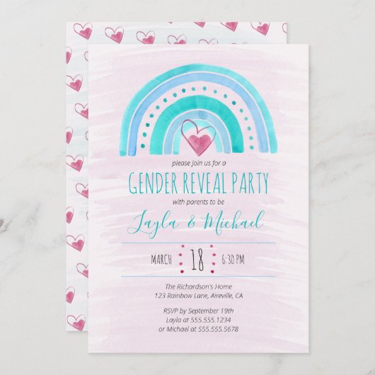 Rainbow Heart Waterverf Wash Geslacht onthullen Kaart (Voorkant / Achterkant)