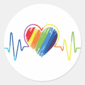 Rainbow Heartbeat | Artistieke Abstracte Gay Pride Ronde Sticker (Voorkant)