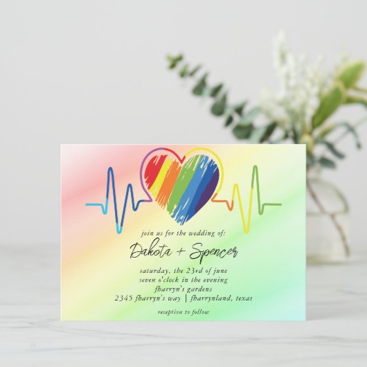 Rainbow Heartbeat | Paint Scribble Heart Wedding Kaart (Staand voorkant)