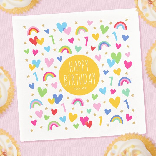 Rainbow Hearts 1st Verjaardag Party Naam Geel Servet