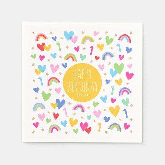 Rainbow Hearts 1st Verjaardag Party Naam Geel Servet (Voorkant)