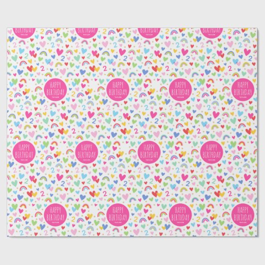 Rainbow Hearts 2e verjaardag aangepaste naam roze Cadeaupapier (Vlak)