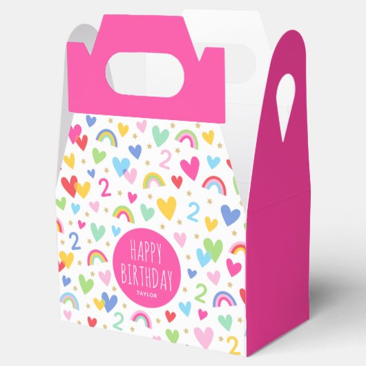 Rainbow Hearts 2nd Birthday Party Naam Roze Bedankdoosjes (Geopend)