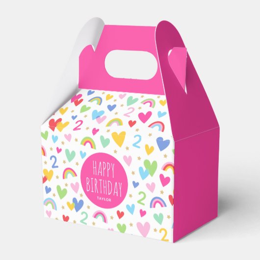 Rainbow Hearts 2nd Birthday Party Naam Roze Bedankdoosjes (Voorkant Zijde)