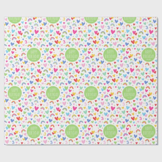 Rainbow Hearts 3e verjaardag aangepaste naam groen Cadeaupapier (Vlak)