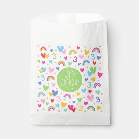 Rainbow Hearts 3rd Verjaardagsfeestnaam Groen Bedankzakje (Voorkant)