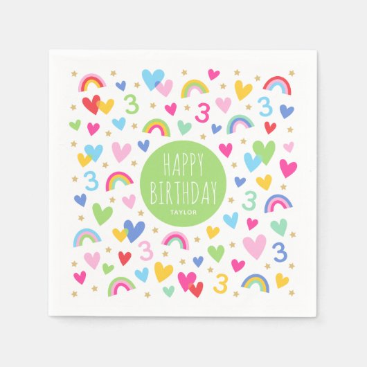 Rainbow Hearts 3rd Verjaardagsfeestnaam Groen Servet (Voorkant)