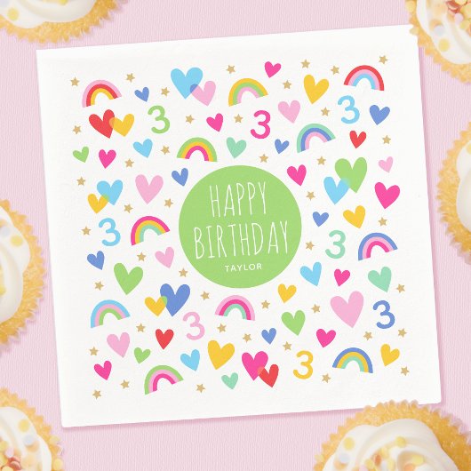 Rainbow Hearts 3rd Verjaardagsfeestnaam Groen Servet