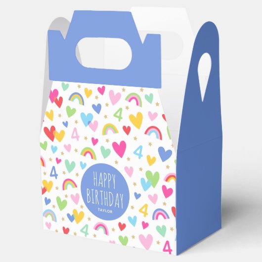 Rainbow Hearts 4th Birthday Party Naam Blauw Bedankdoosjes (Geopend)