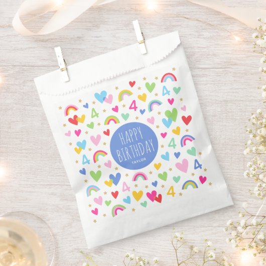 Rainbow Hearts 4th Birthday Party Naam Blauw Bedankzakje (Geknipt)