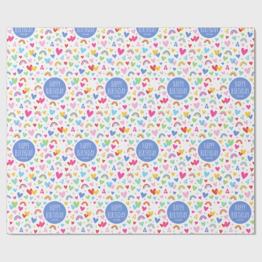Rainbow Hearts 4th Verjaardag Custom Naam Blauw Cadeaupapier (Vlak)